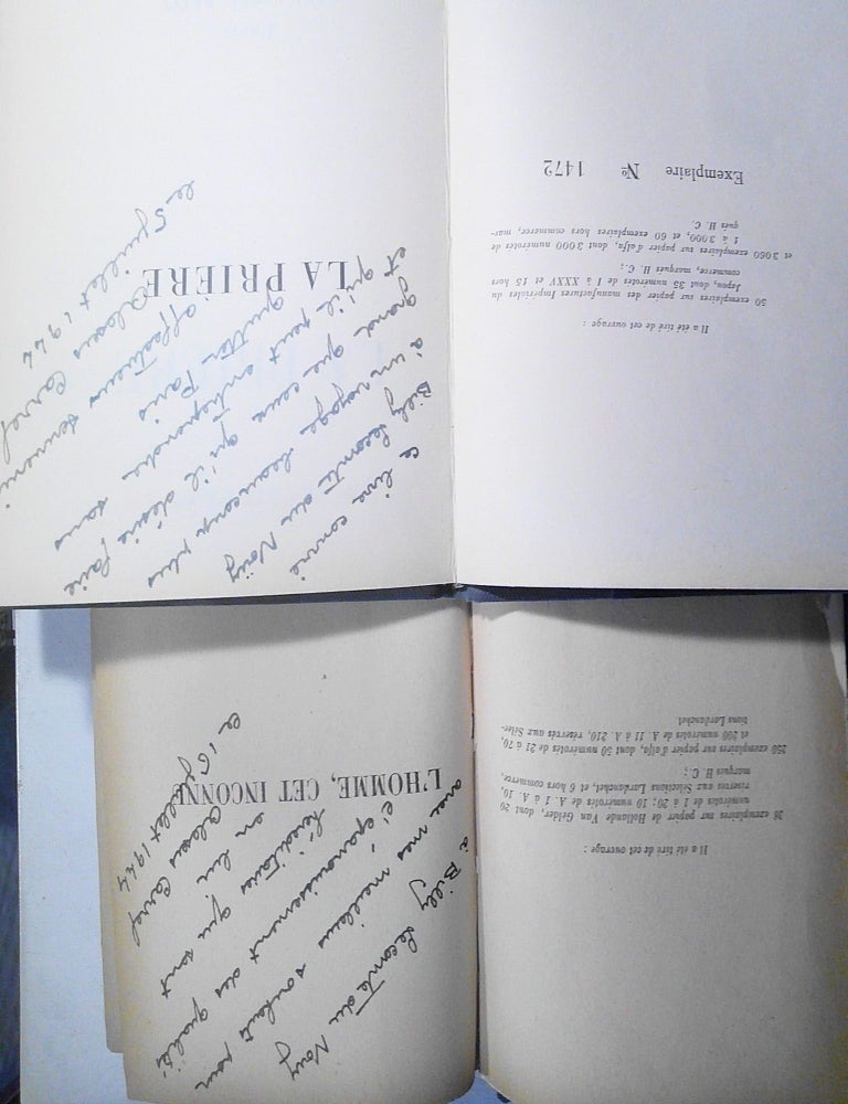 Item #125608 La Pri&egrave;re + L'Homme, Cet Inconnu [Pair of signed books to Pierre Lecomte du Nouy]. Alexis Carrel.